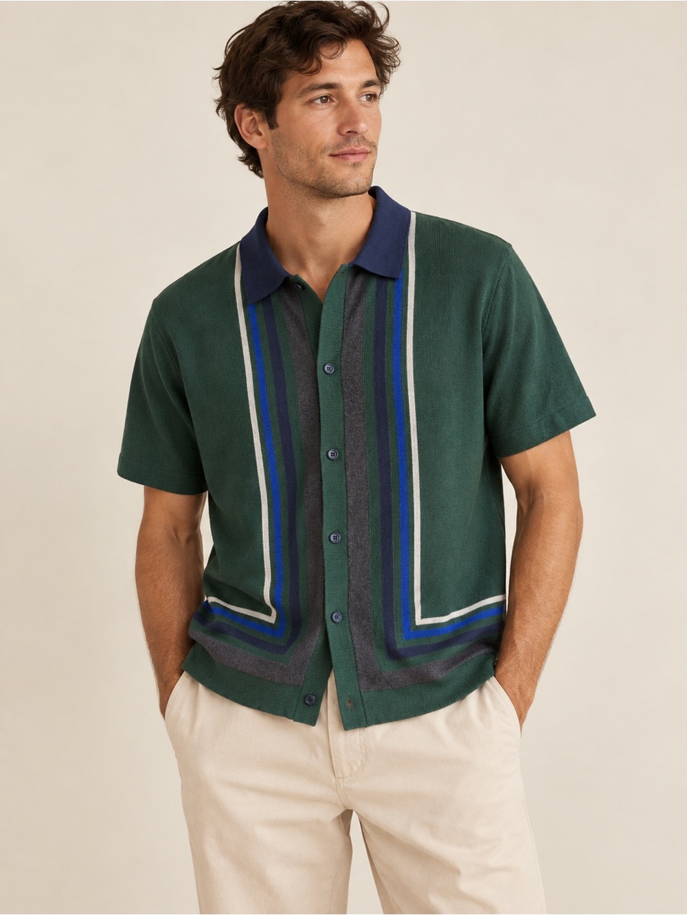 Retro Mod Striped Knit Button Front Polo Forest Green 100% Cotton